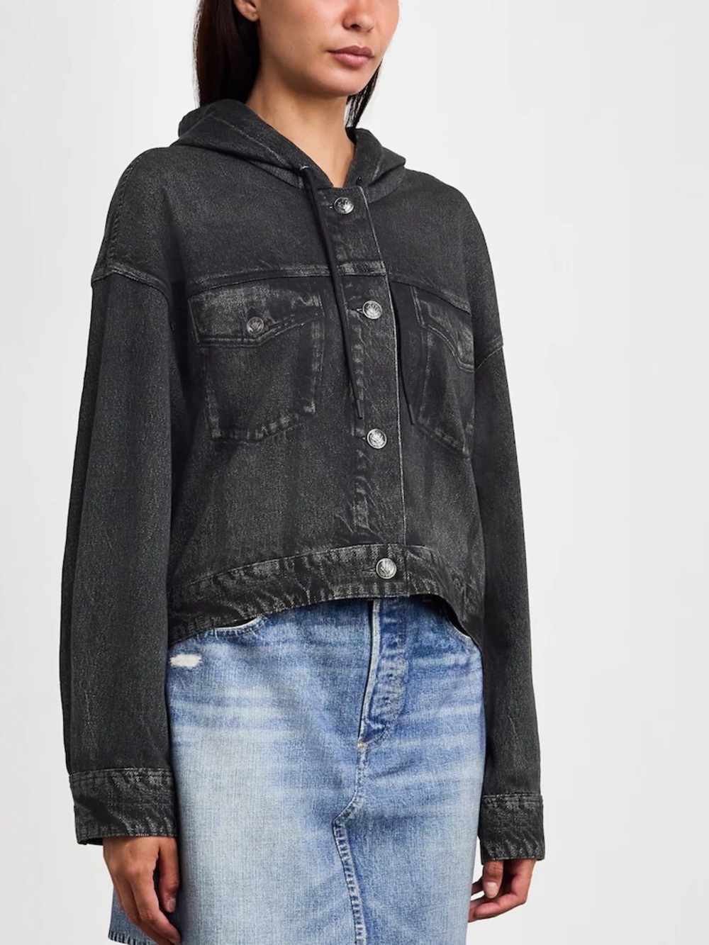 Rag & bone XL Miramar black grey distressed cropped hooded trucker jacket